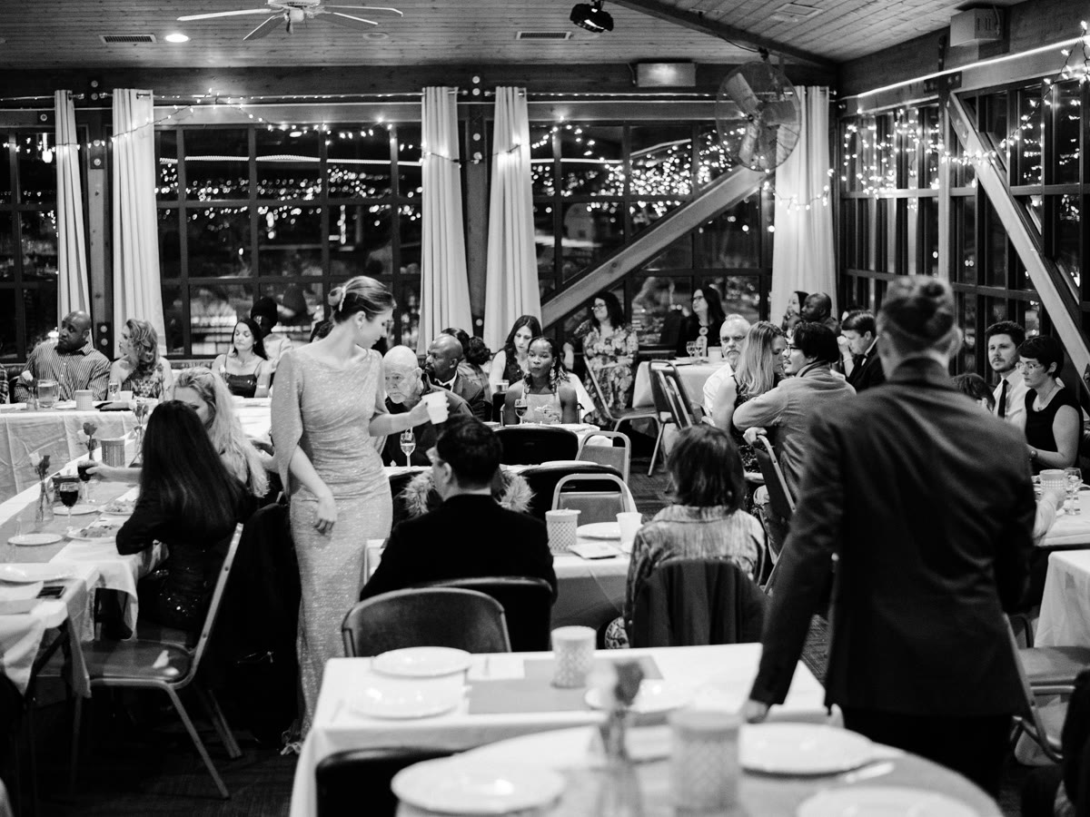 The gala dining hall in black and white