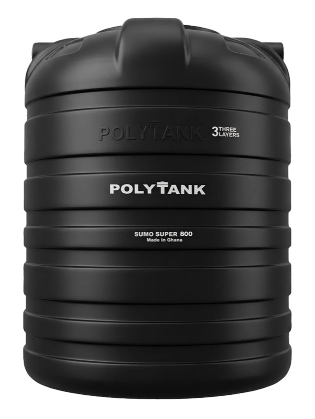 A black Polytank water storage tank, made in Ghana