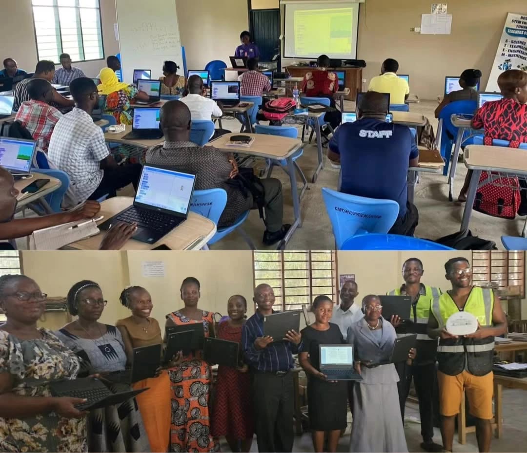Teachers in Ghana practicing on laptops during computer training