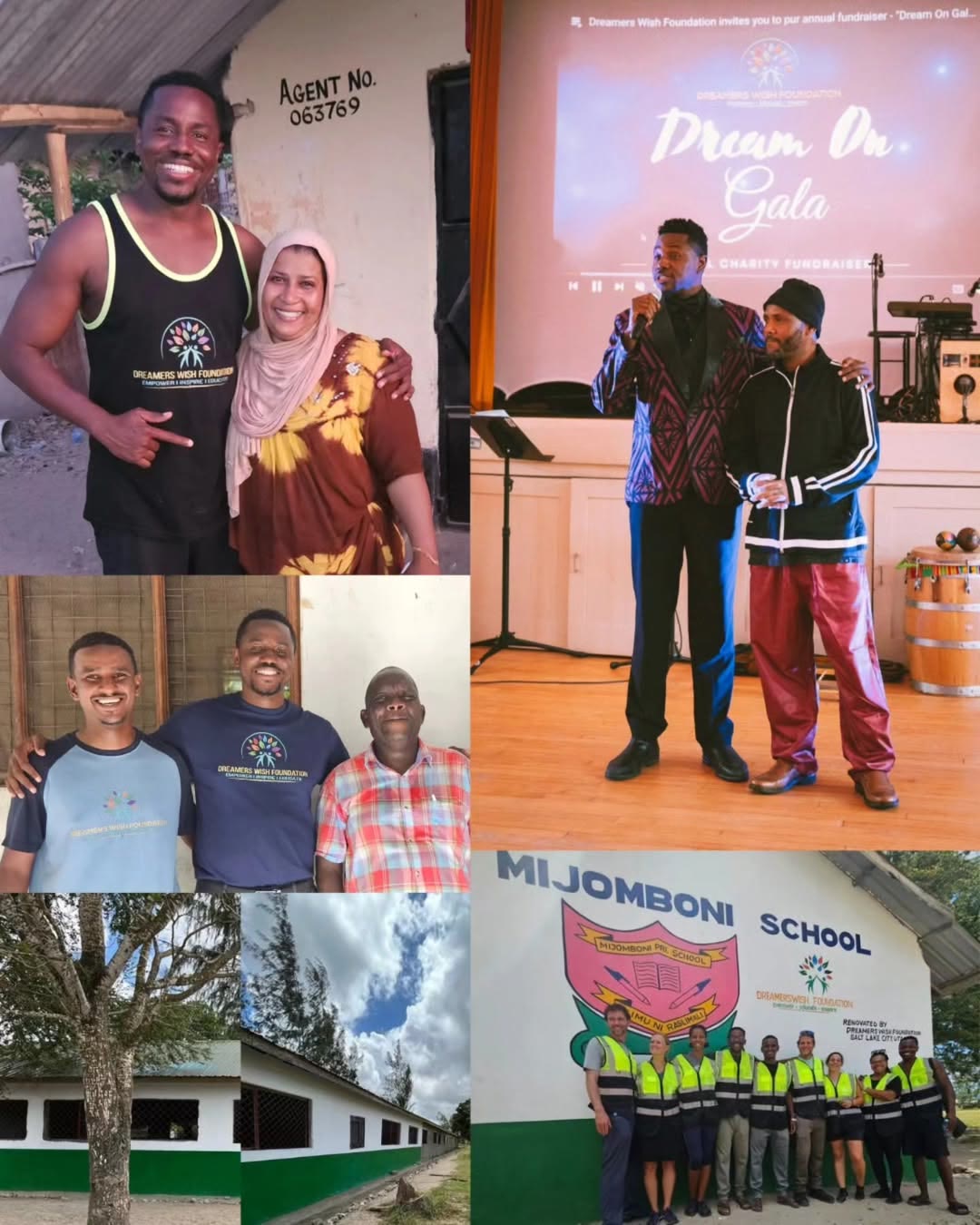 Collage: Godwill with the Namash family, Jamal at the Dream On Gala, the team at Mijomboni School, and the school's refurbished classrooms