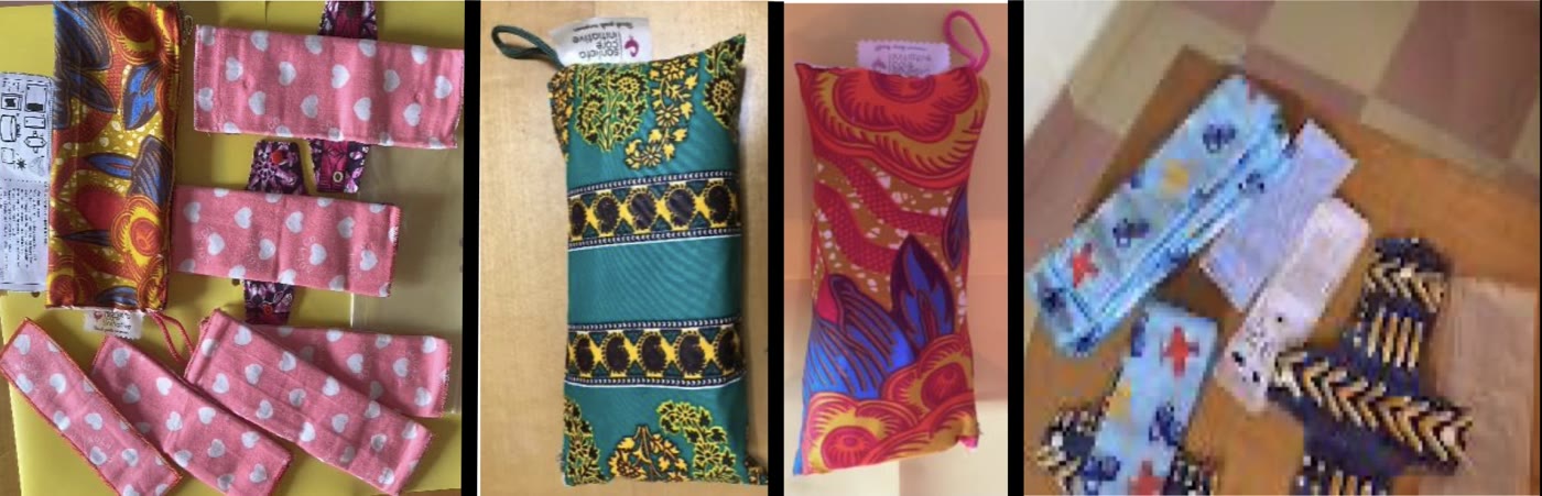 The Sankofa Smart Kit: pink washable pads, patterned holders and two colorful fabric purses